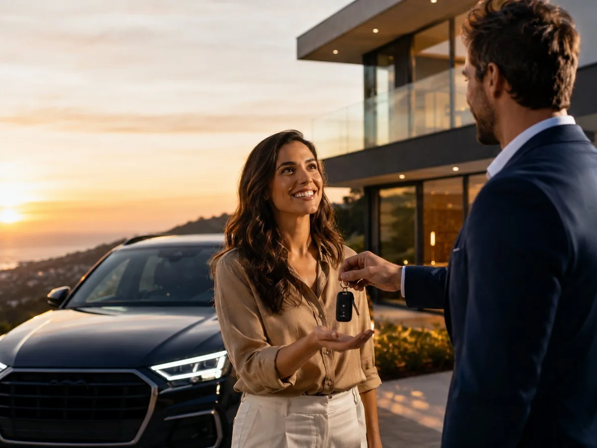 Mulher sorridente recebe a chave de um carro preto de um homem de terno, diante de uma casa moderna ao entardecer