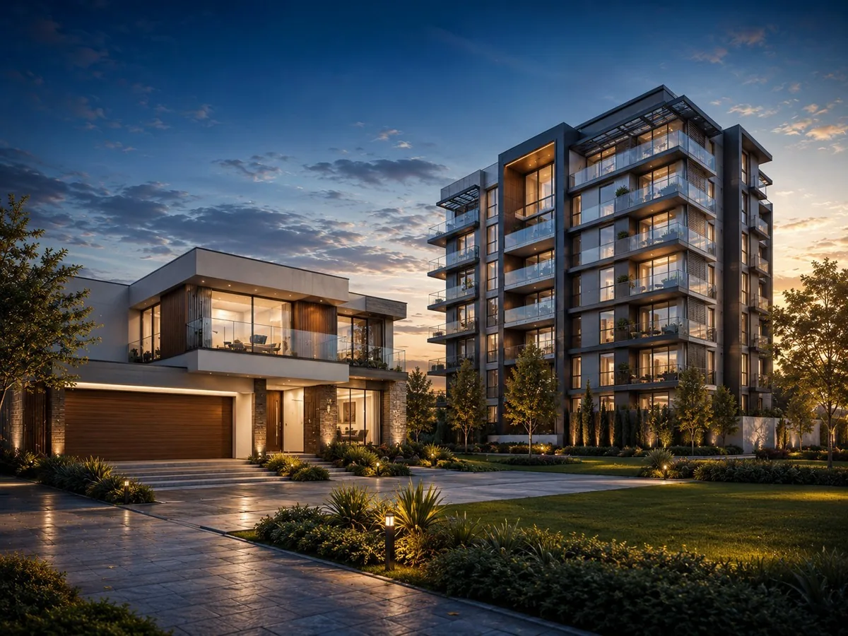 Simulador de financiamento imobiliário x consórcio em Maracaju MS | Consórcios Maracaju Casa moderna ao entardecer, comparação entre financiamento imobiliário e consórcio em Maracaju