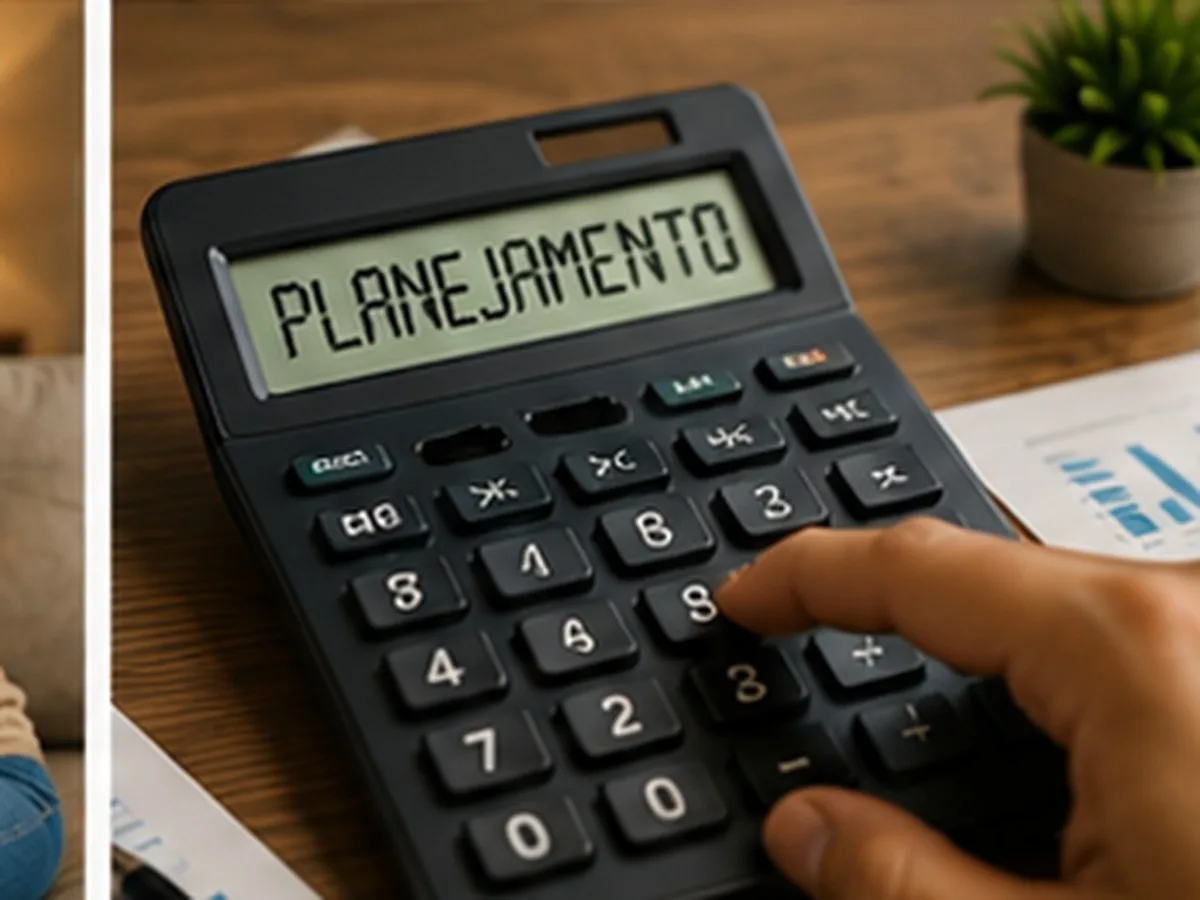 Mão digitando em calculadora com a palavra planejamento no visor, sobre mesa de madeira com papéis e um vaso de planta