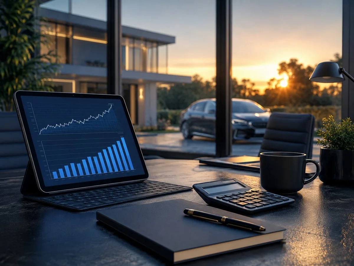 Tablet com gráfico de barras em alta, calculadora, caderno e caneta sobre a mesa, com um carro estacionado ao fundo ao pôr do sol