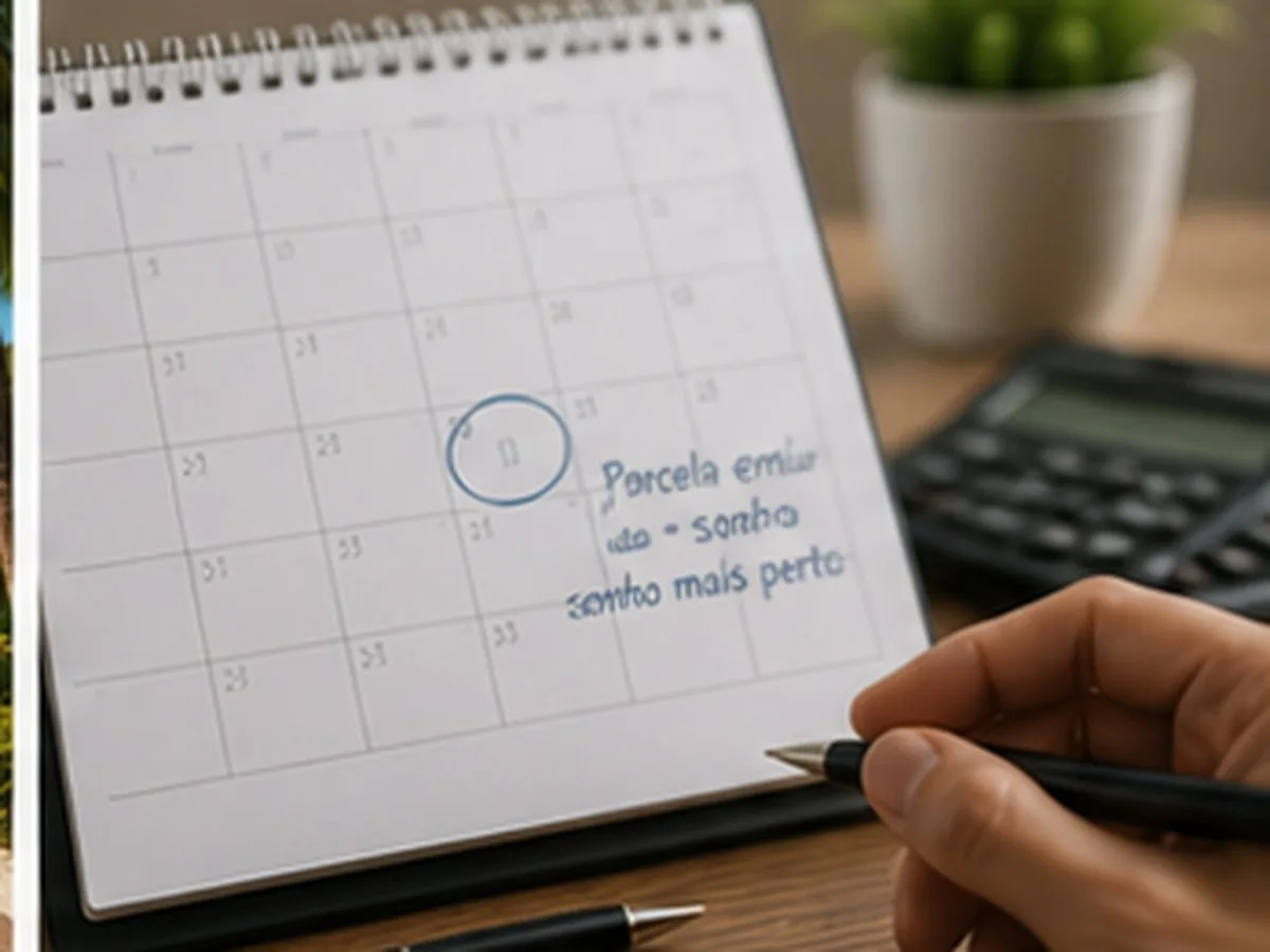 Mão anota em calendário de mesa com um dia circulado e lembrete sobre a parcela, organização do pagamento do consórcio