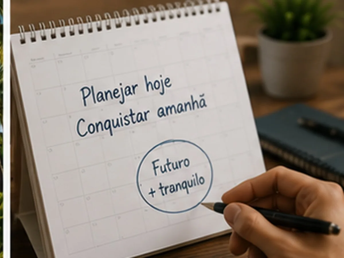 Mão escrevendo num calendário de mesa as frases planejar hoje, conquistar amanhã e futuro mais tranquilo